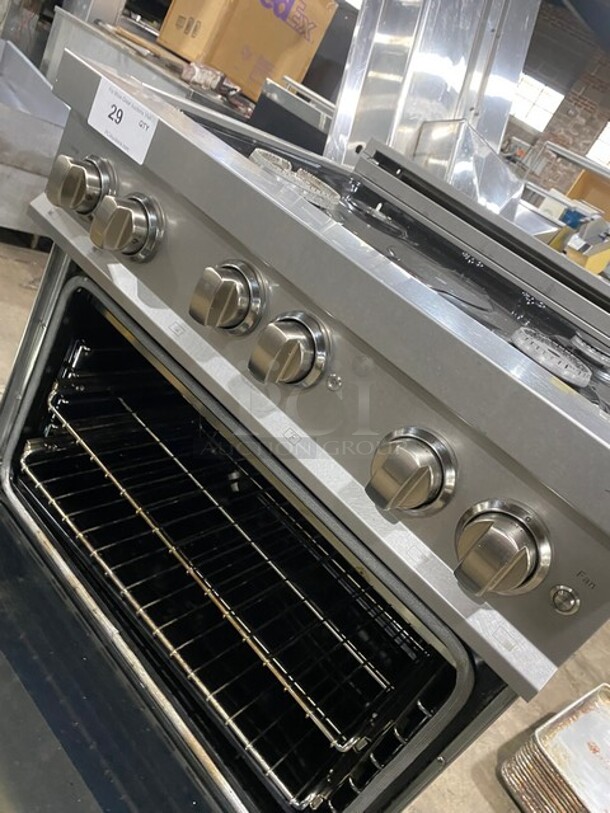 Zline Gas Powered 4 Burner Stove! With Oven Underneath! Stainless Steel! On Legs! Missing Grates! MODEL RGS30 SN:20080776039 120V  - Image 7 of 10