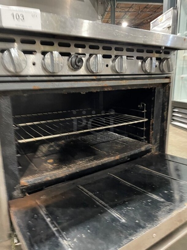 SWEET! Bakers Pride Commercial Natural Gas Powered 6 Burner Stove! With Full Size Oven Underneath! With Backsplash & Overhead Salamander Shelf! All Stainless Steel! On Legs! - Image 7 of 8