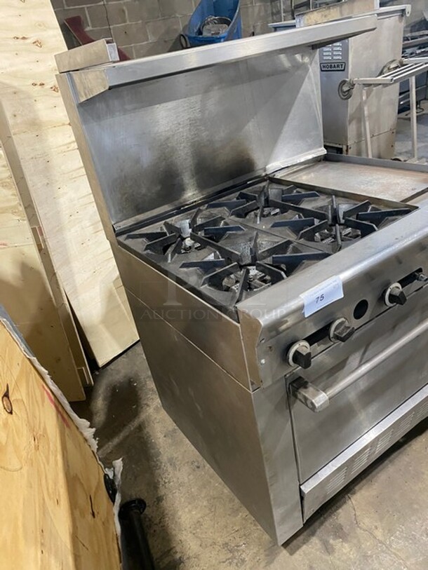 US Range Commercial Natural Gas Powered 4 Burner Stove! With Right Side Flat Griddle! With Backsplash & Overhead Salamander Shelf! With Full Size Oven Underneath! All Stainless Steel!  - Image 2 of 10