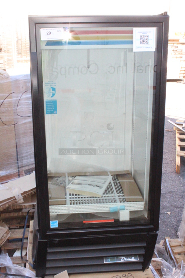 BRAND NEW SCRATCH & DENT! True GDM-10-HC~TSL01 24 7/8" Black Refrigerated Glass Door Merchandiser with LED Lighting. Missing power Cord. Frame is dented. S/N:10806298 - Image 2 of 7