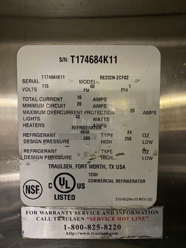 Traulsen Commercial 2 Door Reach In Cooler! All Stainless Steel! On Casters! Model: RE232NZCF02 SN: T1746684K11 115V 60HZ 1 Phase - Image 8 of 10