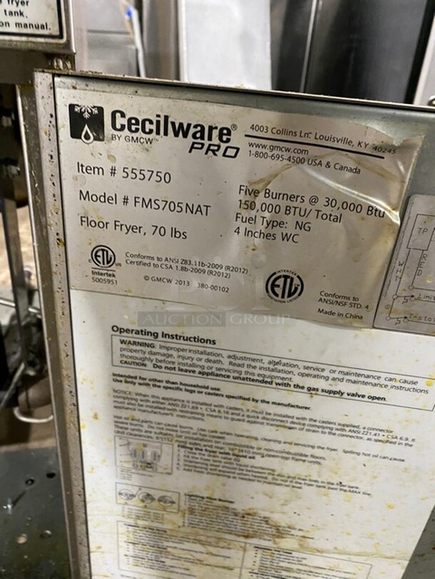 Cecilware Commercial Natural Gas Powered! Deep Fat Fryer! With 3 Metal Frying Baskets! All Stainless Steel! On Legs! MODEL FMS705NAT - Image 7 of 8