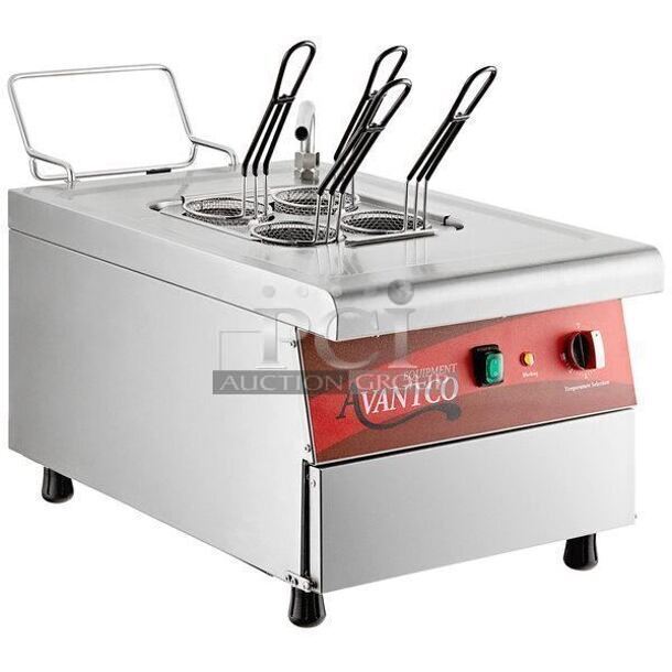 BRAND NEW IN BOX! Avantco 177PC201 Stainless Steel Commercial Countertop Electric Powered Pasta Cooker. 208/240 Volts, 1 Phase.