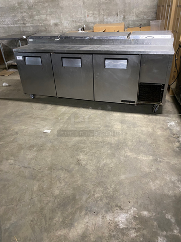 True Commercial Refrigerated 3 Door Pizza Prep Table! With Prep Pans! All Stainless Steel! On Casters! NOT TESTED! Model: TPP93 SN: 13456293 115V 60HZ 1 Phase
