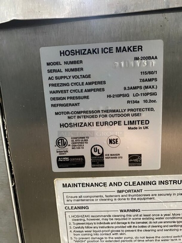 Hoshizaki Commercial Undercounter Ice Maker Machine! Model: IM200BAA SN: F11173D 115V 60HZ 1 Phase - Image 8 of 11