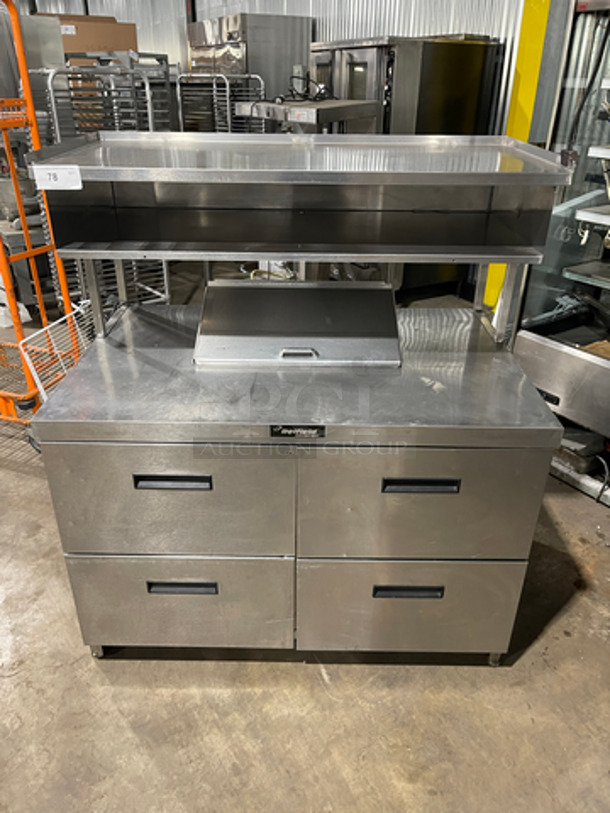 Delfield Commercial Refrigerated Prep Table! With 4 Drawer Storage Space! With Over Head Storage Shelf! All Stainless Steel!