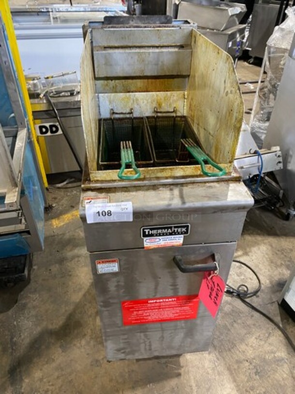 Therma Tek Commercial Natural Gas Powered Deep Fat Fryer! With Side Splashes! With 2 Metal Frying Baskets! All Stainless Steel! On Legs! Model: GF90 SN: 06201544048 - Image 1 of 8