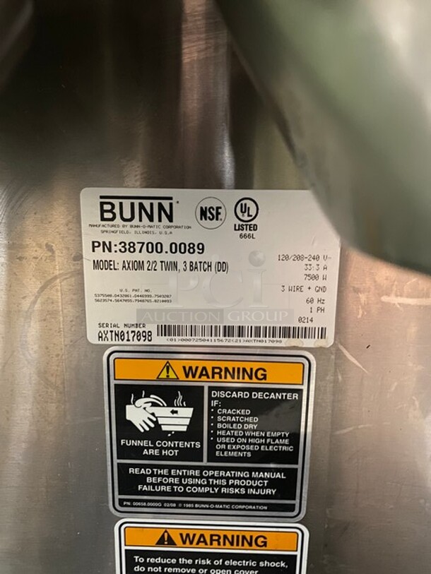 Bunn Commercial Countertop Dual Coffee Brewing Machine! With 4 Coffee Pot Warming Stations! All Stainless Steel! On Small Legs! Model: AXIOM2/2TWIN SN: AXTN017098 120/208/240V 1PH - Image 8 of 9