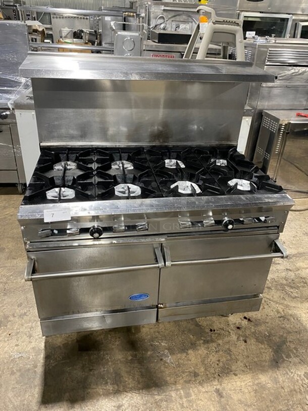 Nice! DCS Commercial Natural Gas Powered 8 Burner Stove! With Raised Back Splash And Salamander Shelf! With 2 Oven Underneath! All Stainless Steel! On Casters! - Image 1 of 9