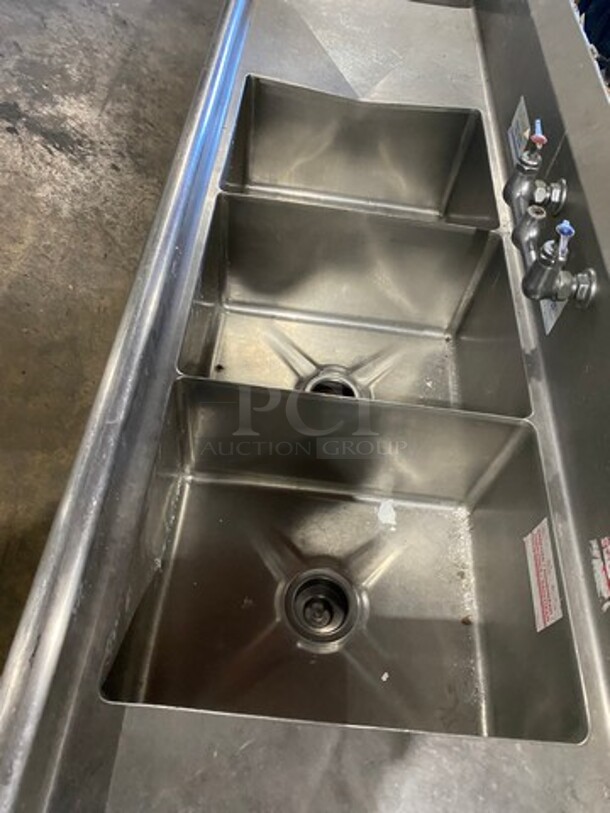 Commercial 3 Compartment Dish Washing Sink! With Dual Side Drain Board! With Back Splash! With Handles! All Stainless Steel! - Image 5 of 8