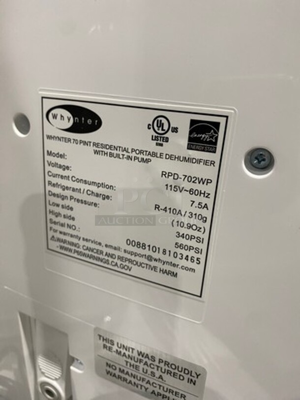 NEW! OUT OF THE BOX! SCRATCH-N-DENT! Whynter 70 Pint Portable Dehumidifier Unit! With Built In Pump! Model: RPD702WP 115V - Image 7 of 8