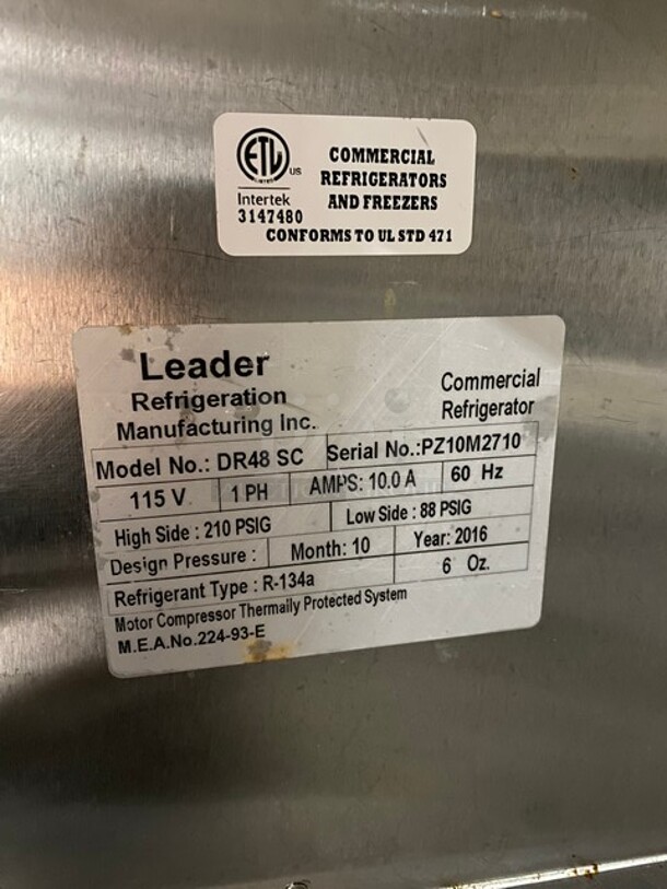 Leader! All Stainless Steel Refrigerated Pizza Marble Table Top! Model DR48SC! 115V! 60HZ! 1Phase! On Casters!
 - Image 5 of 10