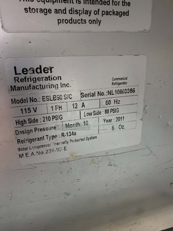 Leader Commercial 2 Door Lowboy/Worktop Cooler! All Stainless Steel! On Casters!  MODEL ESLB60SC SN:NL10M0086 115V 1PH - Image 6 of 9