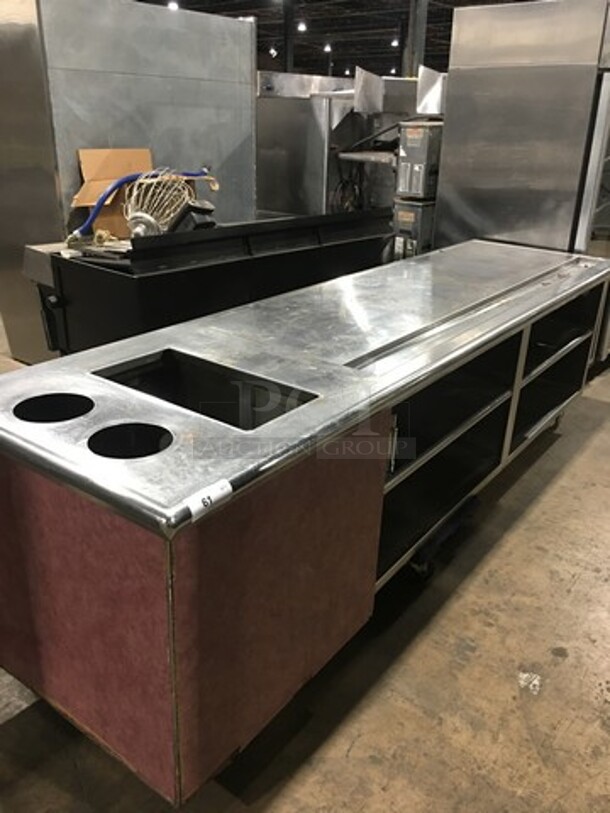 Custom Made Self-Serve Counter! With Drop In Lowerator Tray Dispenser! With 2 Utensil Organizer Holes! With Shelf Storage Underneath! Stainless Steel! On Legs!