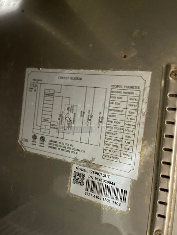 Avantco Commercial Refrigerated Mega Top Pizza Prep Table! With 3 Door Cooler Underneath! All Stainless Steel! With Poly Coated Racks! With Full Sized Cutting Board! On Casters! 115V! Model: 178PICL3HC! Working When Removed! - Image 7 of 10