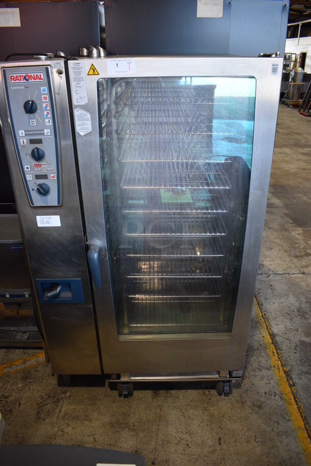 2013 Rational Model CMP202G Stainless Steel Commercial Natural Gas Powered Roll In Rack CombiMaster Plus Combination Oven w/ View Through Door and Metal Oven Racks on Casters. 43x42x71