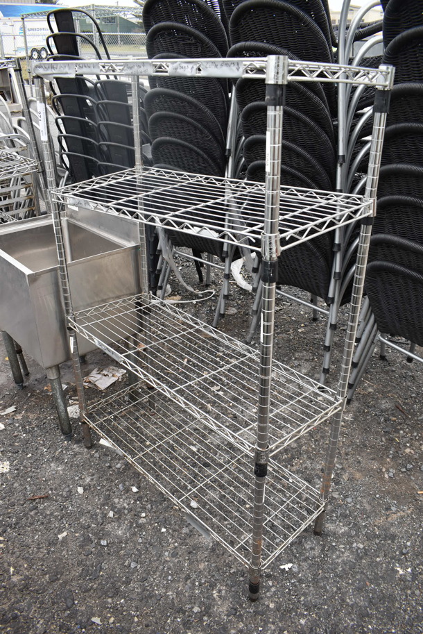 Chrome Finish 4 Tier Wire Shelving Unit. BUYER MUST DISMANTLE. PCI CANNOT DISMANTLE FOR SHIPPING. PLEASE CONSIDER FREIGHT CHARGES. 36x14x55