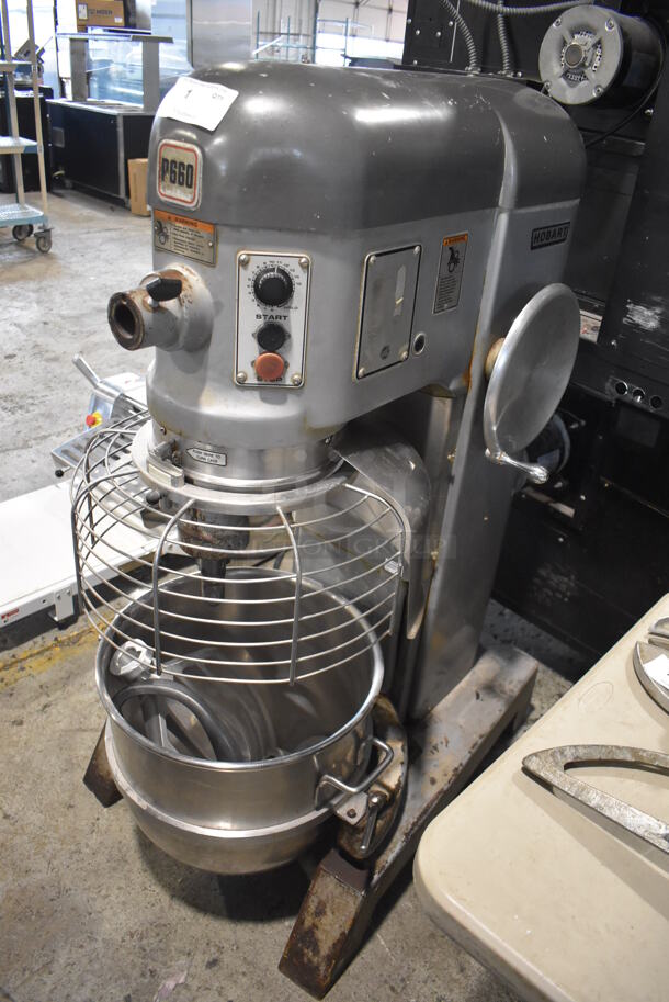 Hobart P660SBA Metal Commercial Floor Style 60 Quart Planetary Dough Mixer w/ Stainless Steel Bowl, Bowl Guard, Paddle and Dough Hook Attachments. 208-240 Volts, 3 Phase.
