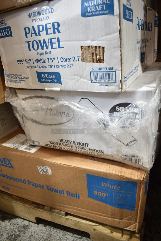 PALLET LOT of 40 BRAND NEW Boxes Including 5001RTSELNAT Lavex Select 1-Ply Natural Kraft Paper Towel Roll, 665 Feet / Roll - 6/Case, 130ROLLKFSSH Visions 18" x 15 1/2" Pre-Rolled Linen-Feel White Napkin and Hammersmith Heavy Weight Silver Plastic Cutlery Set - 100/Case, 500AL301BALL Ball 9 oz. Customizable Aluminum Cup with Ball Logo Design - 645/Case, 128HD32COMBO ChoiceHD 32 oz. Microwavable Translucent Plastic Deli Container and Lid Combo Pack - 240/Case, 394325L Noble NexGen Powder-Free Disposable Blue Hybrid 3 Mil Thick Gloves - Large - 1000/Case, 50010CAFE Choice 10 oz. Cafe Print Poly Paper Hot Cup - 1000/Case, 2 Box 5001RT800B Lavex 8" White Hardwound Paper Towel, 800 Feet / Roll - 6/Case, 2 Box 395RPO9 EcoChoice Compostable Sugarcane / Bagasse 9" Plate - 500/Case, 128HD16BULK ChoiceHD 16 oz. Microwavable Translucent Plastic Deli Container - 480/Case, 150300414 Bagcraft EcoCraft 6" x 6 1/2" Grease-Resistant Sandwich Bag - 2000/Case, 347RPBD10WHS Visions 10" White Plastic Plate with Silver Bands - 120/Case. 40 Times Your Bid! - Image 2 of 12