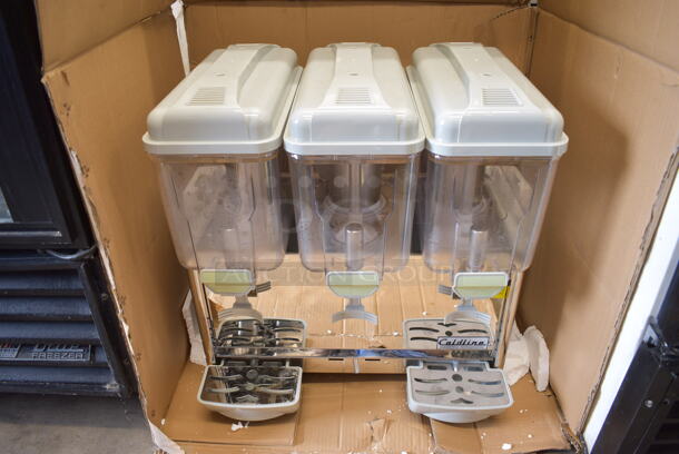 IN ORIGINAL BOX! Model 1001USR Stainless Steel Commercial Countertop 3 Hopper Refrigerated Beverage Machine w/ 2 Drip Trays. 24x18x26. Tested and Working!