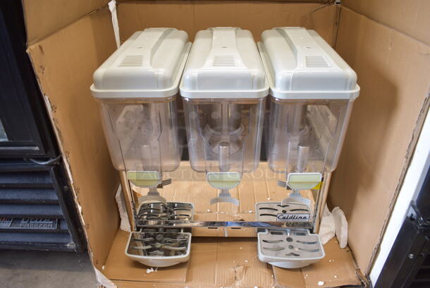 IN ORIGINAL BOX! Model 1001USR Stainless Steel Commercial Countertop 3 Hopper Refrigerated Beverage Machine w/ 2 Drip Trays. 24x18x26. Tested and Working! - Image 1 of 10