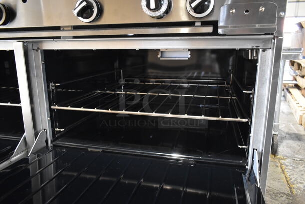 BRAND NEW SCRATCH AND DENT! 2023 Garland G60-4G36RR Stainless Steel Commercial Natural Gas Powered 4 Burner Range w/ Flat Top Griddle, 2 Ovens, Back Splash and Over Shelf. Stock Picture Used as Gallery. - Image 5 of 10