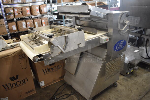LVO Model LM20 Metal Commercial Floor Style Dough Sheeter Moulder on Commercial Casters. 120 Volts, 1 Phase. 53x37x54. Tested and Working! - Image 1 of 7