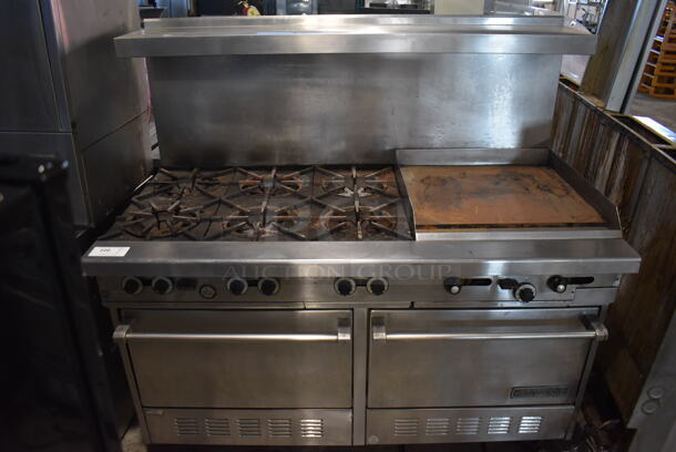 Garland Stainless Steel Commercial Natural Gas Powered 6 Burner Range w/ Flat Top Griddle, 2 Ovens, Over Shelf and Back Splash. 60x35x59.5 - Image 1 of 9