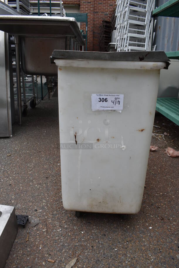 White Poly Ingredient Bin w/ Metal Lid on Commercial Casters.