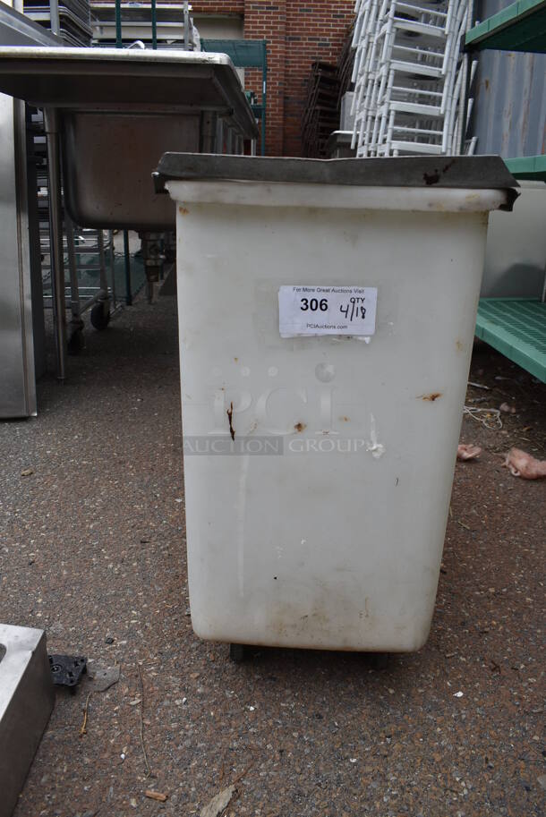 White Poly Ingredient Bin w/ Metal Lid on Commercial Casters. - Image 1 of 5