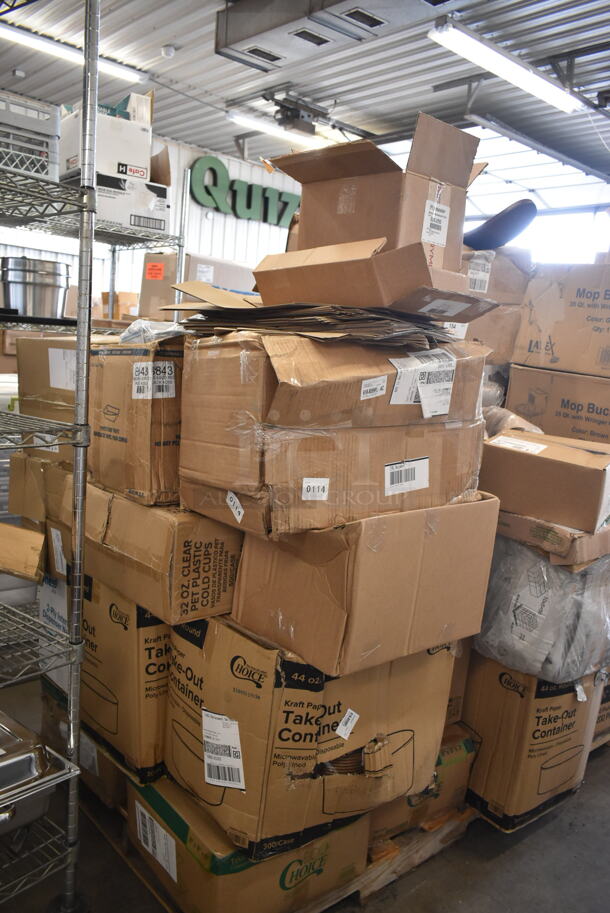 PALLET LOT of 35 BRAND NEW Boxes Including Frymaster 8263295 Skf Linear Actuator, Choice Take Out Container, 395TO883 EcoChoice 8" x 8" x 3" Compostable Sugarcane / Bagasse 3 Compartment Takeout Box - 200/Case,  2 Box 394405L Noble Products Powder-Free Disposable Blue Vinyl Gloves for Foodservice - Large - 1000/Case, 407TRNRSW65 Choice 6" x 5" Square Edge Turner with White Polypropylene Handle, Garde 181ONBLD316 3/16" Blade Assembly for Onion Slicer - 2/Set, 712LSD40V Lavex 40 fl. oz. (1200 mL) Stainless Steel Surface Mounted Vertical Liquid Soap Dispenser. 35 Times Your Bid! - Image 2 of 6