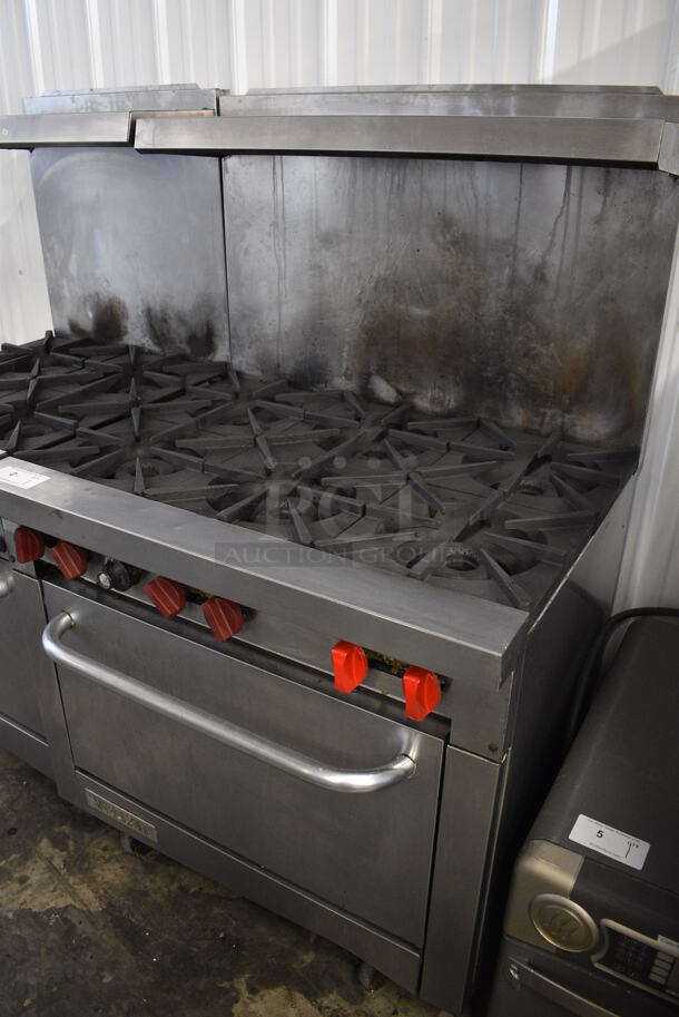 Vulcan Stainless Steel Commercial Natural Gas Powered 6 Burner Range w/ Oven, Over Shelf and Back Splash on Commercial Casters. 36x30x59 - Image 4 of 7