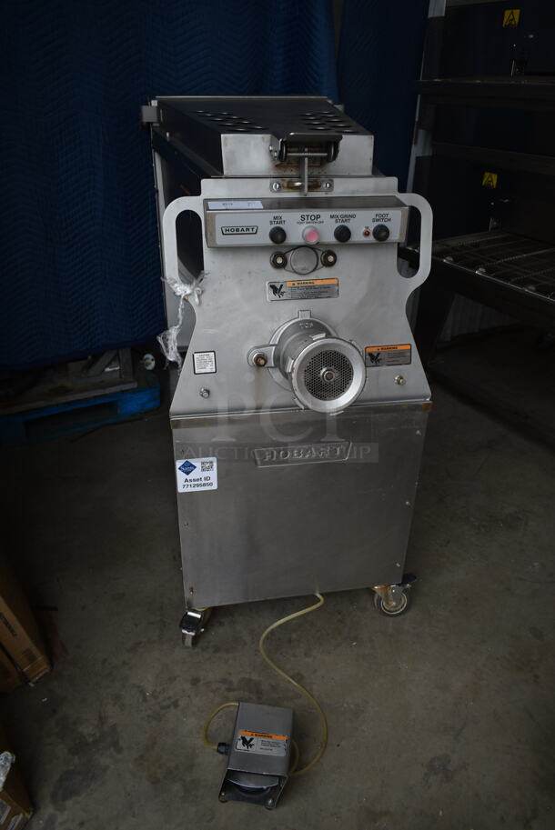 2014 Hobart MG2032 Metal Commercial Floor Style Electric Powered Meat Mixer Grinder w/ Foot Pedal on Commercial Casters. 208 Volts, 3 Phase. Tested and Working!