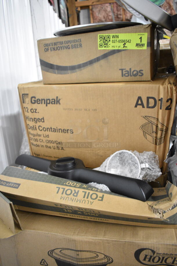 PALLET LOT of 32 BRAND NEW Boxes Including 712B5548D Steelton Stainless Steel Double Tier Speed Rail - 48", Kimberly-Clark Professional 55760 Gray C-Fold / Multifold Countertop Paper Towel Dispenser, Choice Shoe Covers, 24515112CBKBL Baker's Lane 15" x 11 1/2" x 2 1/4" Kraft Auto-Popup Donut / Bakery Box - 100/Bundle, 966TALLFLDN Choice Kraft Natural Tall-Fold 6" x 13" Dispenser Napkin - 8000/Case, Libbey 840-520R-8 Porcelana Rolled Edge Coupe Platter 8" x 6 1/4" Bright White Oval Porcelain - 36/Case, 407ALSC12 Choice 12 oz. One-Piece Aluminum Scoop, 395TO961 EcoChoice 9" x 6" x 3" Compostable Sugarcane / Bagasse 1 Compartment Take-Out Container - 200/Case, 129MCR24B Choice 24 oz. Black Round Microwavable Heavy Weight Container with Lid 7 1/4" - 150/Case, AD12 Genpak 12 oz. Clear Hinged Deli Container - 200/Case, 999IC16B Choice 16 oz. Blue Paper Frozen Yogurt / Food Cup - 50/Pack. 32 Times Your Bid!  - Image 12 of 12