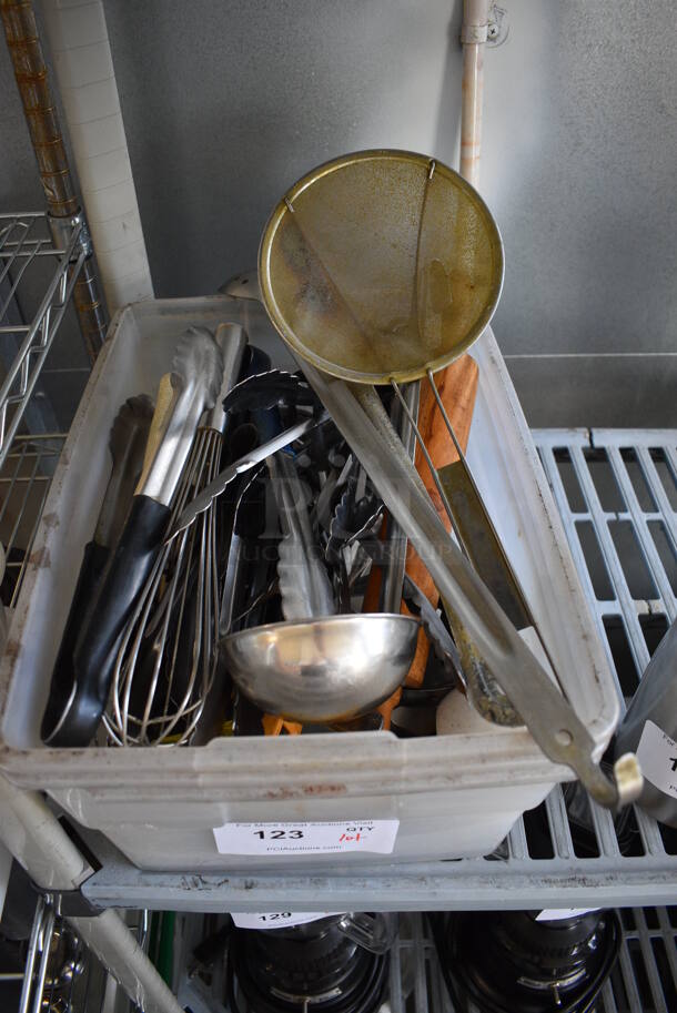 ALL ONE MONEY! Lot of Various Utensils Including Ladle, Tongs and Whisks in Clear Poly Bin