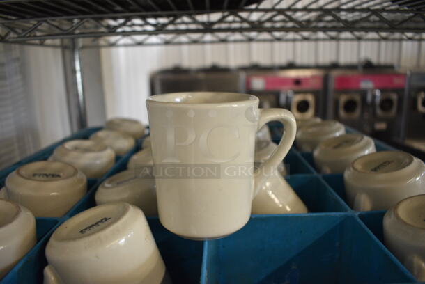20 White Ceramic Mugs in Dish Caddy. 4.5x3x4. 20 Times Your Bid!