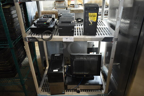 ALL ONE MONEY! Two Tier Lot of Various Items Including Epson Receipt Printers, Par POS Monitor, Computer Tower and Cash Drawer - Image 1 of 12