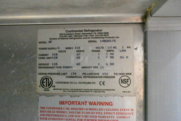 Continental 2F Stainless Steel Commercial 2 Door Reach In Freezer w/ Poly Coated Racks. 115 Volts, 1 Phase. Tested and Powers On But Does Not Get Cold
 - Image 6 of 6