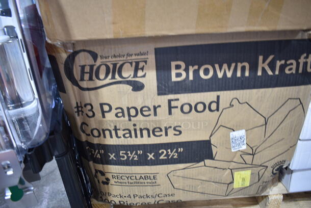 PALLET LOT of 40 BRAND NEW Boxes Including 795PTOKFT3 Choice Kraft Microwavable Folded Paper #3 Take-Out Container 7 3/4" x 5 1/2" x 2 1/2" - 200/Case, 128HD8COMBO ChoiceHD 8 oz. Microwavable Translucent Plastic Deli Container and Lid Combo Pack - 240/Case, 50010WRAPPLA Lavex 10 oz. Kraft Compostable Individually Wrapped Paper Hot Cup - 480/Case, 3 Box 395TO993 EcoChoice 9" x 9" x 3" Compostable Sugarcane / Bagasse 3 Compartment Takeout Container - 200/Case, 5002DNAPBLK Choice 15" x 17" Black Customizable 2-Ply Paper Dinner Napkin - 1000/Case, American Metalcraft CERAM18 18" White Ceramic Pizza Serving Tray, CAC RCN-S16Q Bright White Clinton Square in Square Plate 10 1/2" - 12/Case, 11 Box 130D66UF Choice 6 1/2" x 6 1/4" Unprinted Plastic Deli Saddle Bag with Flip Top - 2000/Case, 5005DNAPFLT Choice Touchstone 16" x 15" White Linen-Feel Flat-Packed Dinner Napkin - 500/Case, 500CC16 Choice Clear PET Customizable Plastic Cold Cup - 16 oz. - 1000/Case, 280SHOOTCLR Choice 5 5/8" Crystal Clear Plastic Test Tube Shot / Shooter - 1000/Case, 500TW35 Choice 3.5 oz. Translucent Thin Wall Plastic Cold Cup - 2500/Case, 2 Box 105GC70002 Choice 2 Part Green and White Carbonless Guest Check Book - 50/Case, Dart 205HT1 White Foam Take Out Container with Perforated Hinged Lid 9" x 6" x 3" - 200/Case, 2 Box 5001RTSELNAT Lavex Select 1-Ply Natural Kraft Paper Towel Roll, 665 Feet / Roll - 6/Case, 2 Box 500TW16S Choice 16 oz. Translucent Thin Wall Squat Plastic Cold Cup - 1000/Case, 5014046XXH Lavex Pro 45 Gallon 3 Mil 40" x 46" Low Density Heavy-Duty Industrial Contractor Black Trash Bag / Can Liner - 50/Case, 29500 Sabert 29500 4 Cup Drink Carrier - 200/Case. 40 Times Your Bid!  - Image 2 of 12
