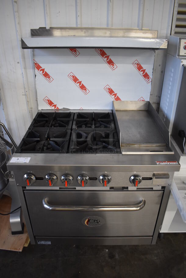 BRAND NEW SCRATCH AND DENT! CPG 351S36G12N Stainless Steel Commercial Natural Gas Powered 4 Burner Range with Right Side Griddle, Standard Oven, Over Shelf and Back Splash. 170,000 BTU. 36x33x61. Tested and Working!