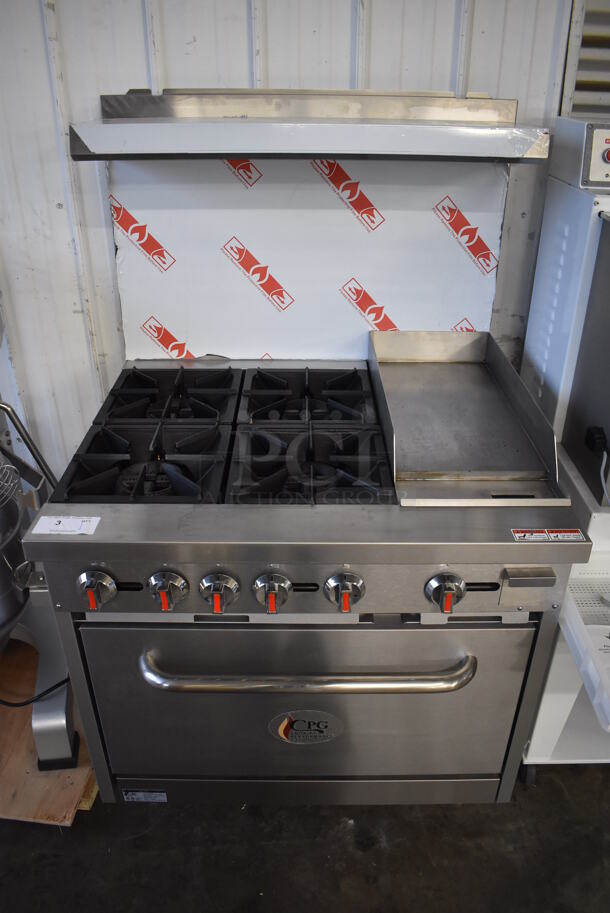 BRAND NEW SCRATCH AND DENT! CPG 351S36G12N Stainless Steel Commercial Natural Gas Powered 4 Burner Range with Right Side Griddle, Standard Oven, Over Shelf and Back Splash. 170,000 BTU. 36x33x61. Tested and Working! - Image 1 of 8