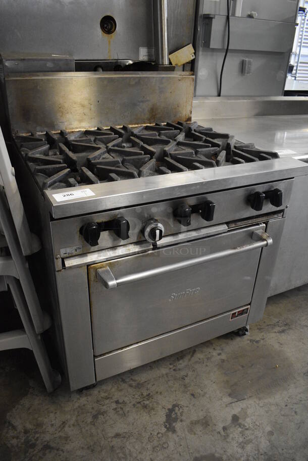 Garland SunFire Stainless Steel Commercial Natural Gas Powered 6 Burner Range w/ Oven and Back Splash on Commercial Casters. 36x34x45 - Image 4 of 7