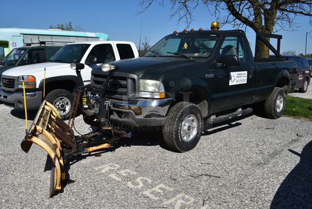 2003 Ford F250 Super Duty 4x4 2 Door Pick Up Truck w/ Meyer Metal Snow Plow. Odometer Reads 96,376. VIN 1FTNF21LX3EA67690. Title In Hand. Vehicle Runs and Drives. See Lot #6 For Additional Pictures. - Image 1 of 12