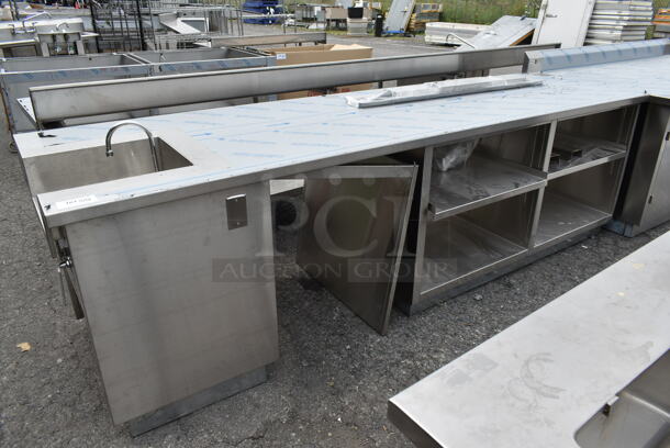 BRAND NEW SCRATCH AND DENT! Stainless Steel Commercial Counter w/ Sink Bay, Faucet, Handles and Under Shelves. - Image 1 of 9