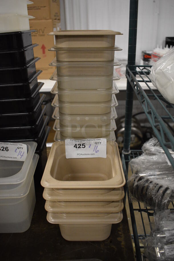 ALL ONE MONEY! Lot of 16 Poly 1/6 Size Drop In Bins; 5 Tan, 11 Clear! 1/6x4.  - Image 1 of 3