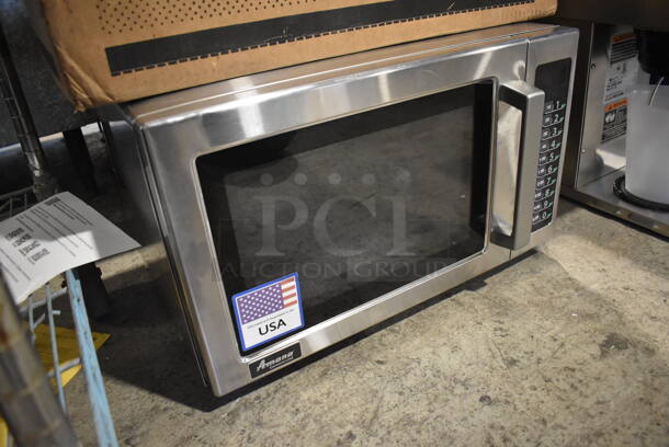 LIKE NEW! 2022 Amana RCS10TS Stainless Steel Commercial Countertop Stackable Microwave with Push Button Controls. Used a Few Times at Trade Show as a Demonstration. 120 Volts, 1 Phase. 22x16x14. Tested and Working! - Image 3 of 7