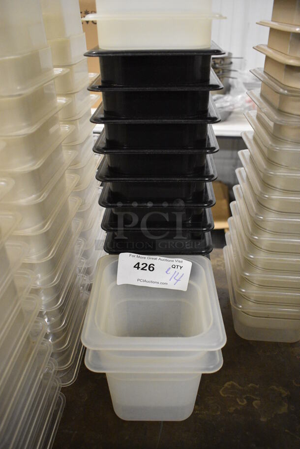ALL ONE MONEY! Lot of 14 Poly 1/6 Size Drop In Bins; 9 Black and 5 Clear! 1/6x6. 