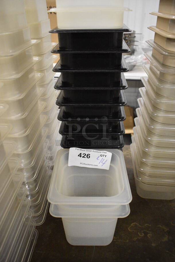 ALL ONE MONEY! Lot of 14 Poly 1/6 Size Drop In Bins; 9 Black and 5 Clear! 1/6x6.  - Image 1 of 3