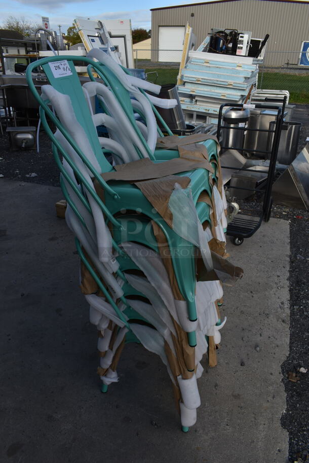 12 BRAND NEW SCRATCH AND DENT! Lancaster Table & Seating 164CMCAFESFM Alloy Series Seafoam Green Metal Tolix Style Outdoor Cafe Chairs. Stock Picture Used as Gallery. 12 Times Your Bid! - Image 2 of 3