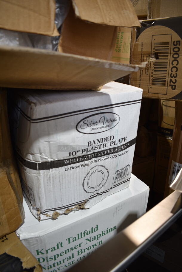 PALLET LOT of 20 BRAND NEW Boxes Including Moist Towelette, 2 Box 966TALLFLDN Choice Kraft Natural Tall-Fold 6" x 13" Dispenser Napkin - 8000/Case, 347RPBD10WHS Visions 10" White Plastic Plate with Silver Bands - 120/Case, 500TW7 Choice 7 oz. Translucent Thin Wall Plastic Cold Cup - 2500/Case, 2 Box 127RD16BULK Choice 16 oz. Customizable Microwavable Translucent Round Deli Container - 500/Case, 50012DWPLAKR EcoChoice 12 oz. Smooth Double Wall Kraft Compostable Paper Hot Cup - 500/Case, 2 Box 966UPWIDEB OneUp by Choice White 1-Ply Wide Interfold 6 1/2" x 8 1/2" Dispenser Napkin - 6000/Case, Choice 5 5/8" Crystal Clear Plastic Test Tube Shot / Shooter - 1000/Case, Dart 85HT3R 8" x 8" x 3" White Foam Three-Compartment Square Take Out Container with Perforated Hinged Lid - 200/Case, 347TCL9 Choice 9 oz. Clear Disposable Plastic Tumbler - 500/Case, 16RCLBLK Dart Optima Black Travel Lid. 20 Times Your Bid!  - Image 4 of 12